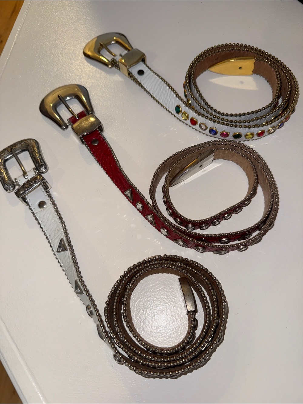 Studded & Rhinestone Belts - White Multi, Red with Clear, White with Clear